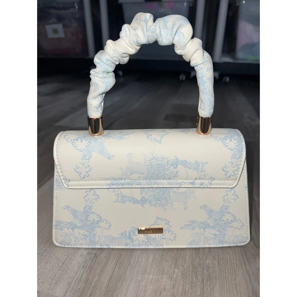 Aldo Top Handle Bag Women Cream Blue Toile De Jouy Ruched Handle Small OS